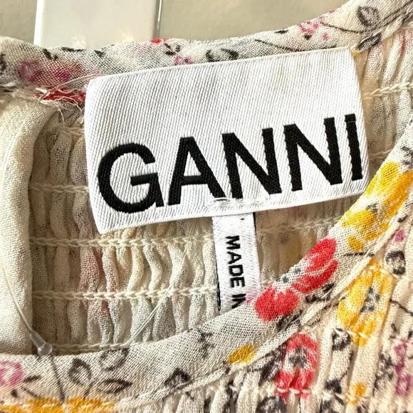 Ganni Floral Babydoll Mini Dress Long Sleeve Ditsy Print Pleated